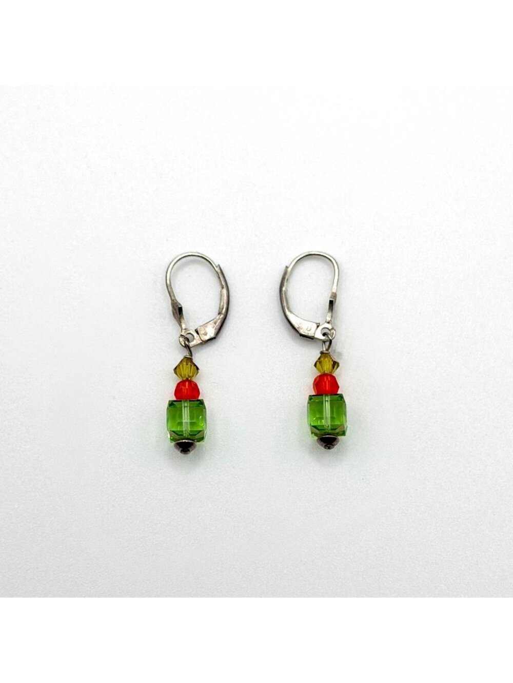 925 Sterling Silver Leverback Earrings With Green Red & Yellow Crystal Beads